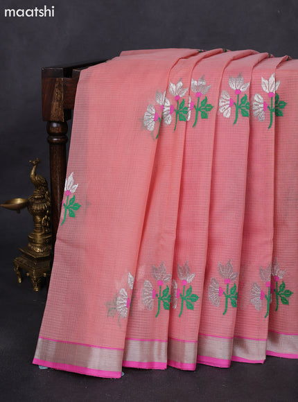 Pure zari kota silk saree peach shade and pink with thread & silver zari woven buttas and silver zari woven border
