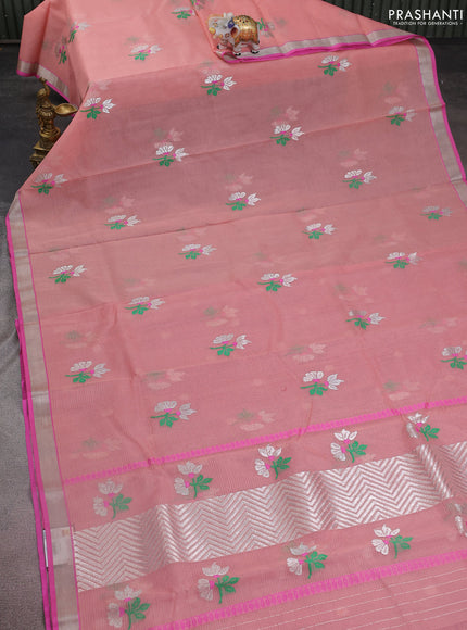 Pure zari kota silk saree peach shade and pink with thread & silver zari woven buttas and silver zari woven border