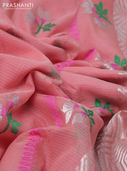 Pure zari kota silk saree peach shade and pink with thread & silver zari woven buttas and silver zari woven border