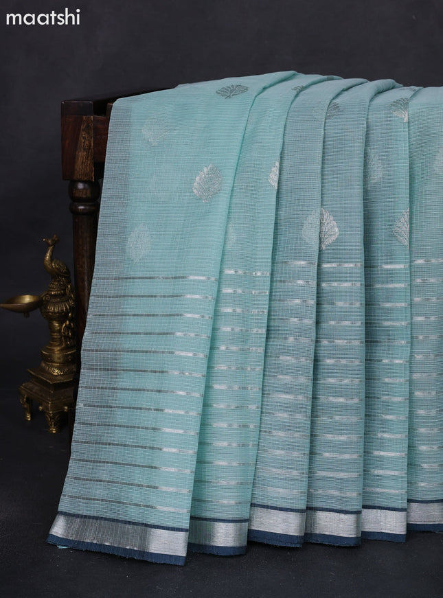 Pure zari kota silk saree pastel blue and peacock blue with silver zari woven buttas and silver zari woven border