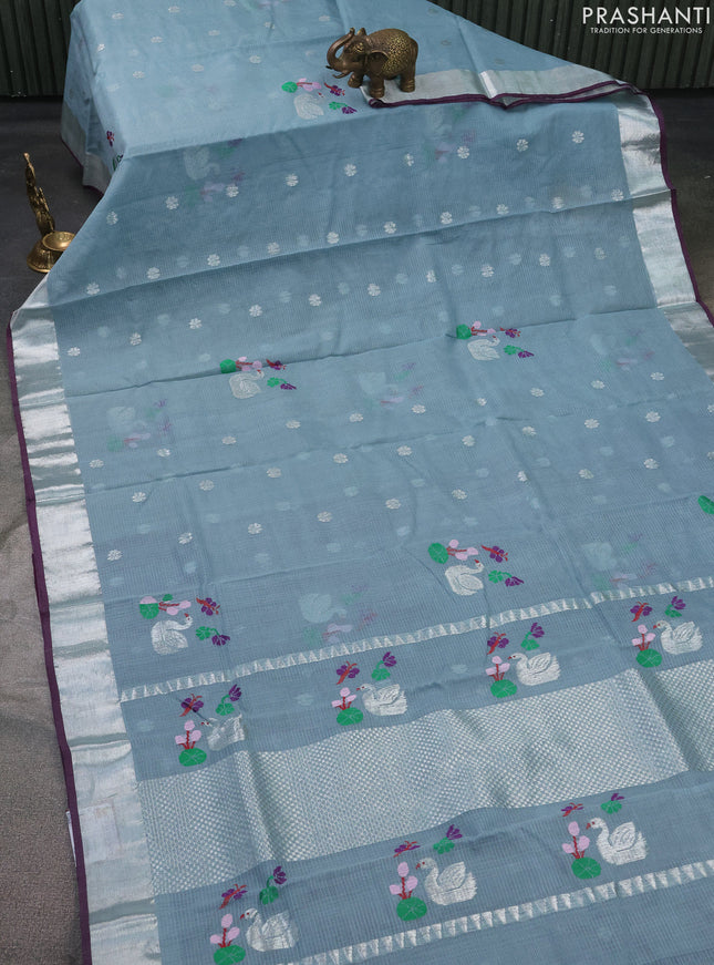 Pure zari kota silk saree grey and purple with silver zari woven buttas and silver zari woven border