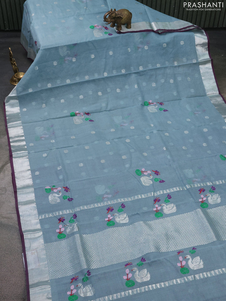 Pure zari kota silk saree grey and purple with silver zari woven buttas and silver zari woven border
