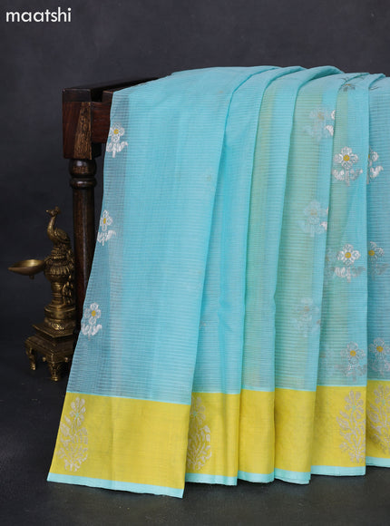 Pure zari kota silk saree teal blue and yellow with silver zari woven buttas and silver zari woven butta border