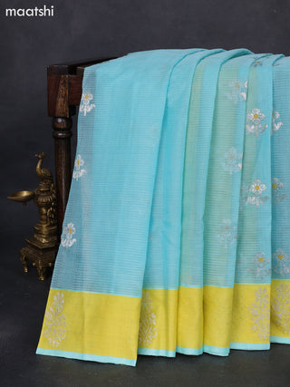 Pure zari kota silk saree teal blue and yellow with silver zari woven buttas and silver zari woven butta border