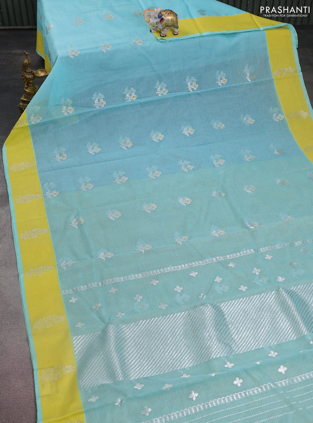 Pure zari kota silk saree teal blue and yellow with silver zari woven buttas and silver zari woven butta border