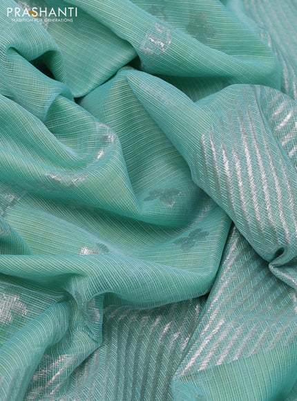 Pure zari kota silk saree teal blue and yellow with silver zari woven buttas and silver zari woven butta border