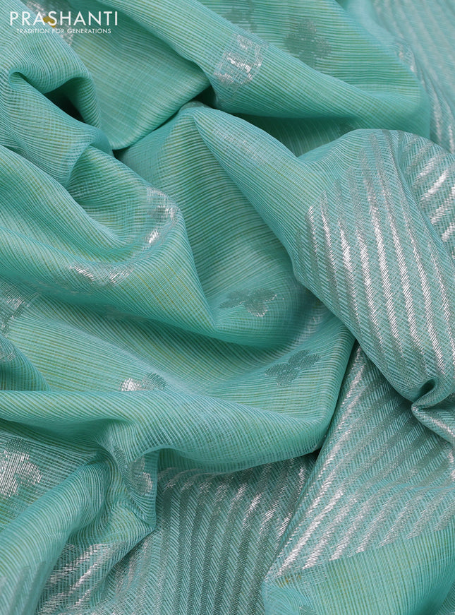 Pure zari kota silk saree teal blue and yellow with silver zari woven buttas and silver zari woven butta border