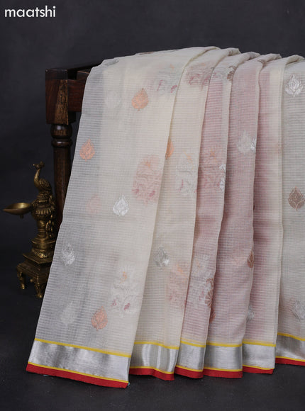 Pure zari kota silk saree beige and maroon with silver & silver zari woven buttas and silver zari woven border