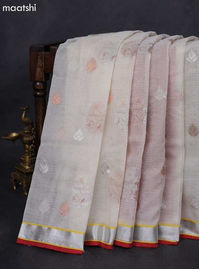 Pure zari kota silk saree beige and maroon with silver & silver zari woven buttas and silver zari woven border