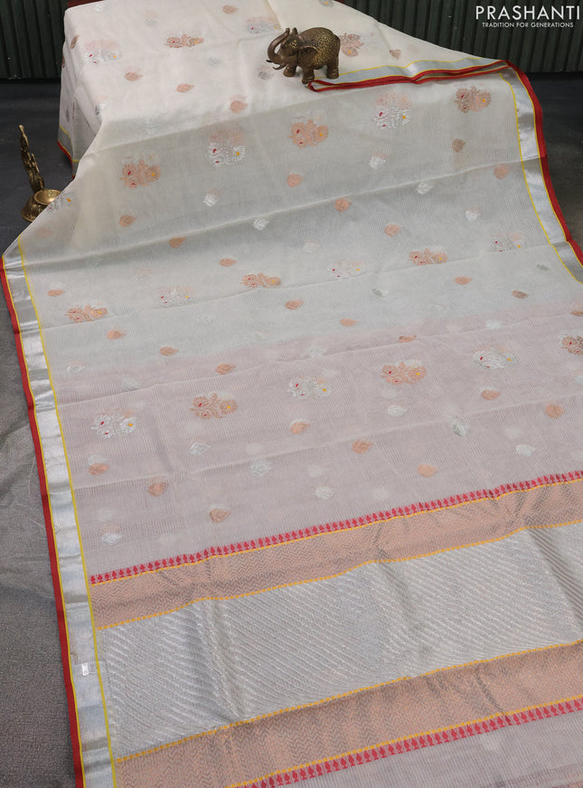 Pure zari kota silk saree beige and maroon with silver & silver zari woven buttas and silver zari woven border