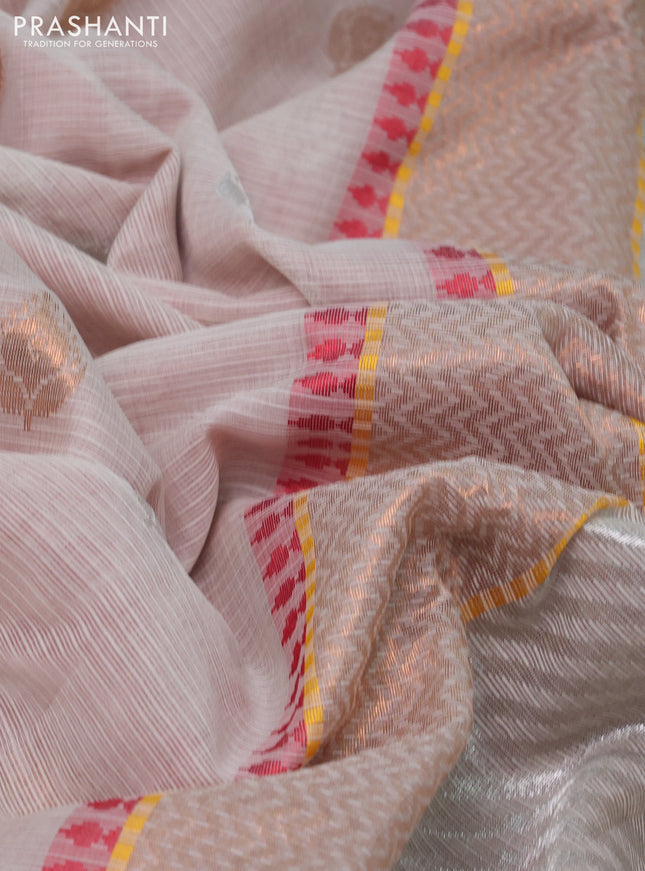 Pure zari kota silk saree beige and maroon with silver & silver zari woven buttas and silver zari woven border