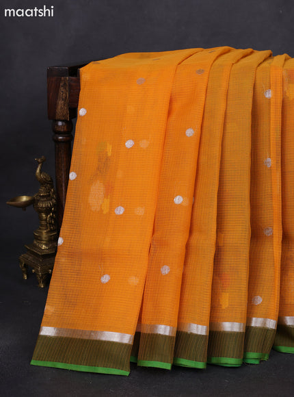 Pure zari kota silk saree mustard yellow and green with silver zari woven buttas and silver zari woven simple border