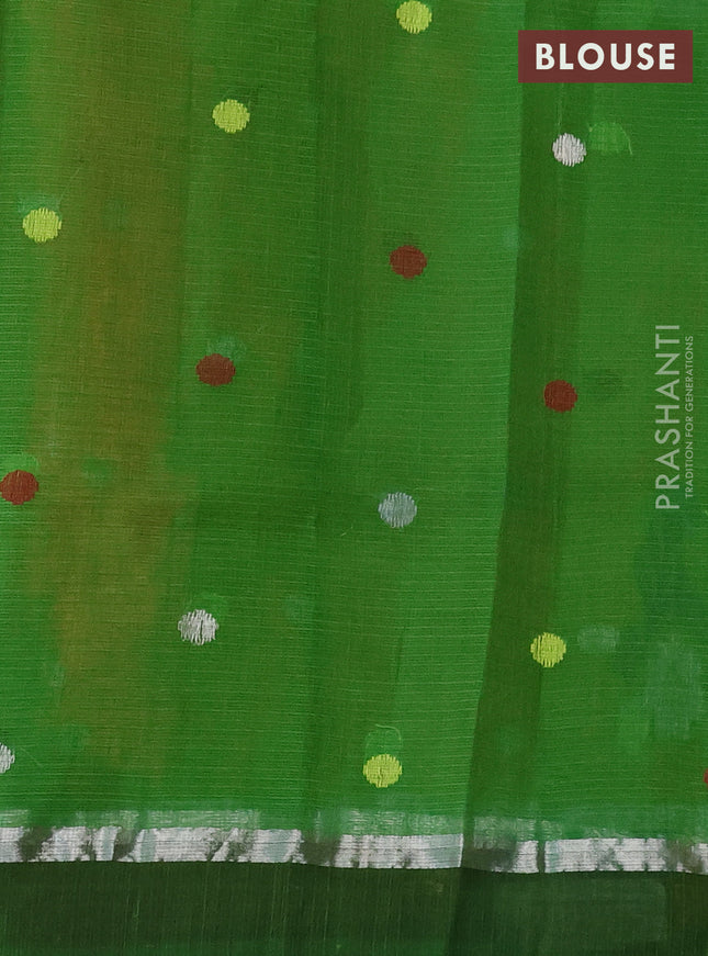 Pure zari kota silk saree mustard yellow and green with silver zari woven buttas and silver zari woven simple border