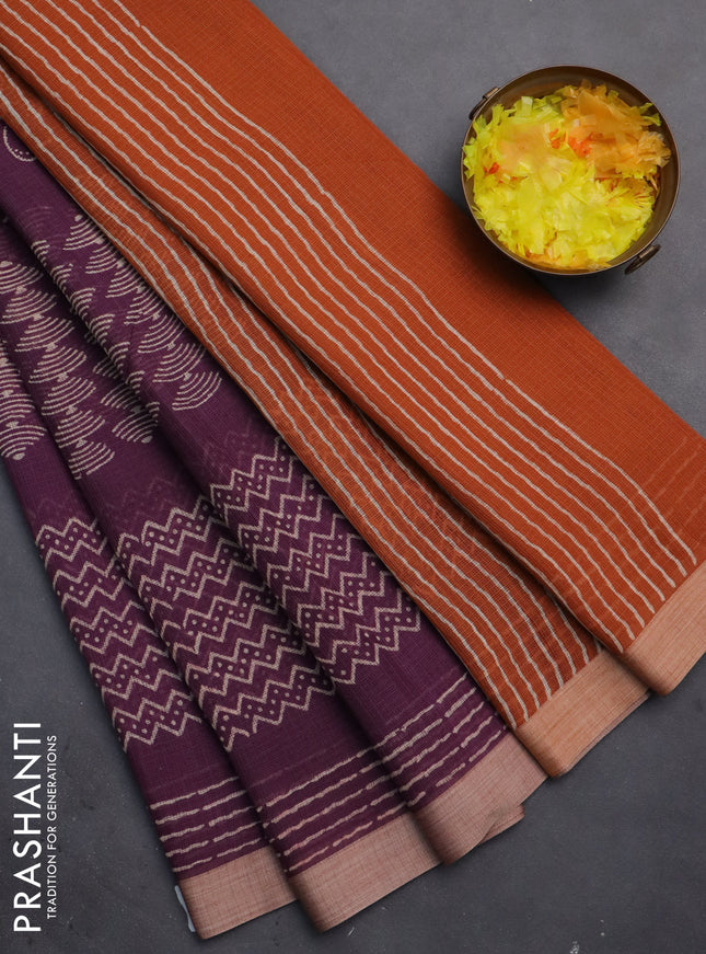 Kota silk cotton saree wine shade and rust shade with butta block prints and long block printed border