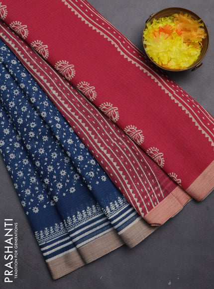 Kota silk cotton saree peacock blue and maroon with allover block prints and simple border