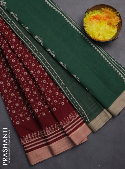Kota silk cotton saree deep maroon and green with allover block prints and simple border