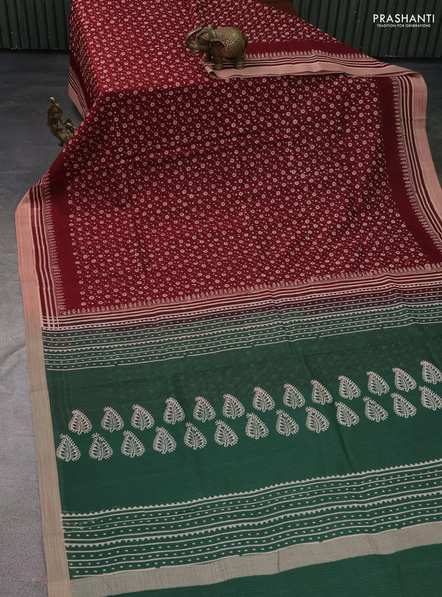 Kota silk cotton saree deep maroon and green with allover block prints and simple border
