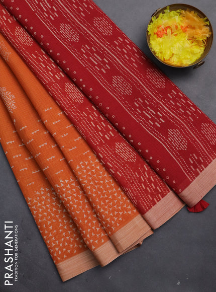 Kota silk cotton saree orange and red with allover block prints and simple border
