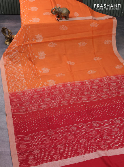 Kota silk cotton saree orange and red with allover block prints and simple border