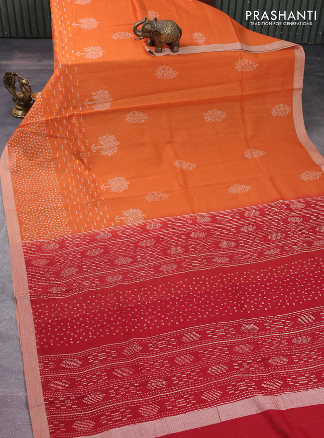 Kota silk cotton saree orange and red with allover block prints and simple border