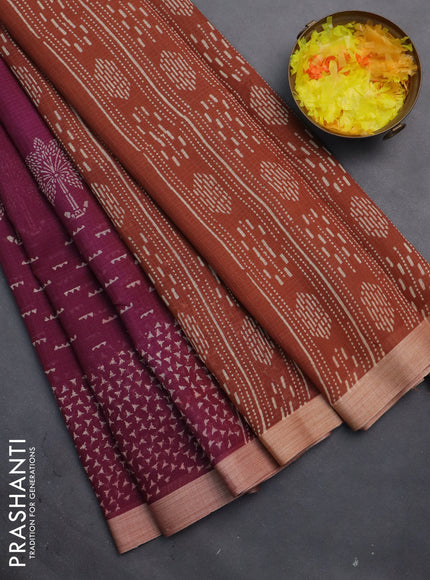 Kota silk cotton saree wine shade and rust shade with allover block prints and simple border
