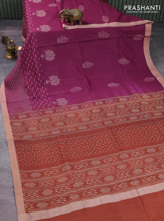 Kota silk cotton saree wine shade and rust shade with allover block prints and simple border