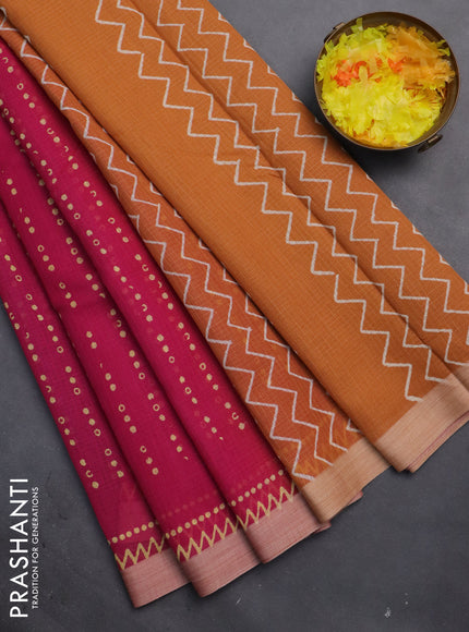 Kota silk cotton saree pink and pale orange with allover block prints and simple border