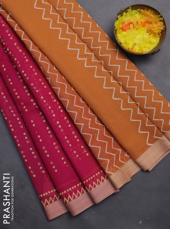 Kota silk cotton saree pink and pale orange with allover block prints and simple border