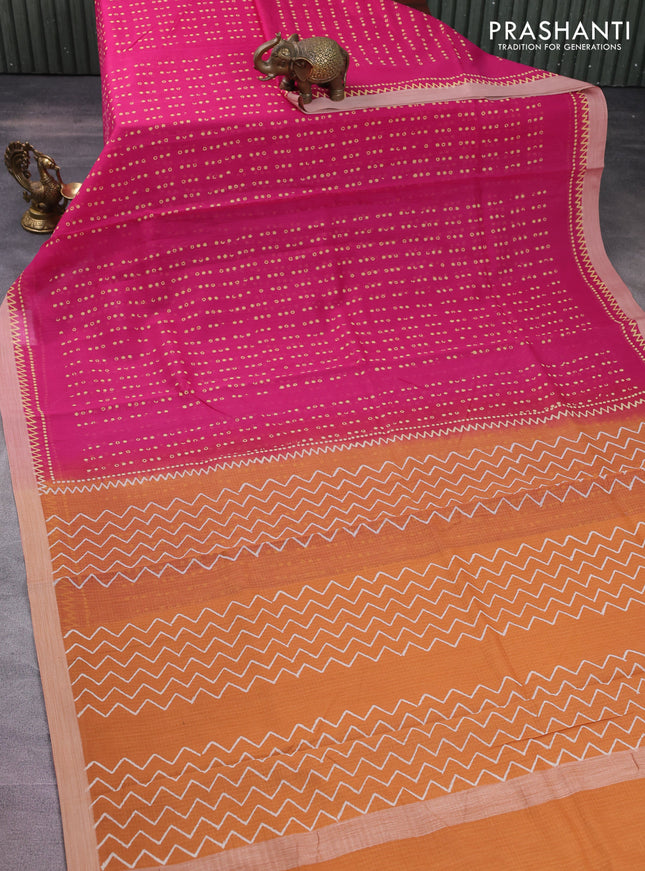 Kota silk cotton saree pink and pale orange with allover block prints and simple border