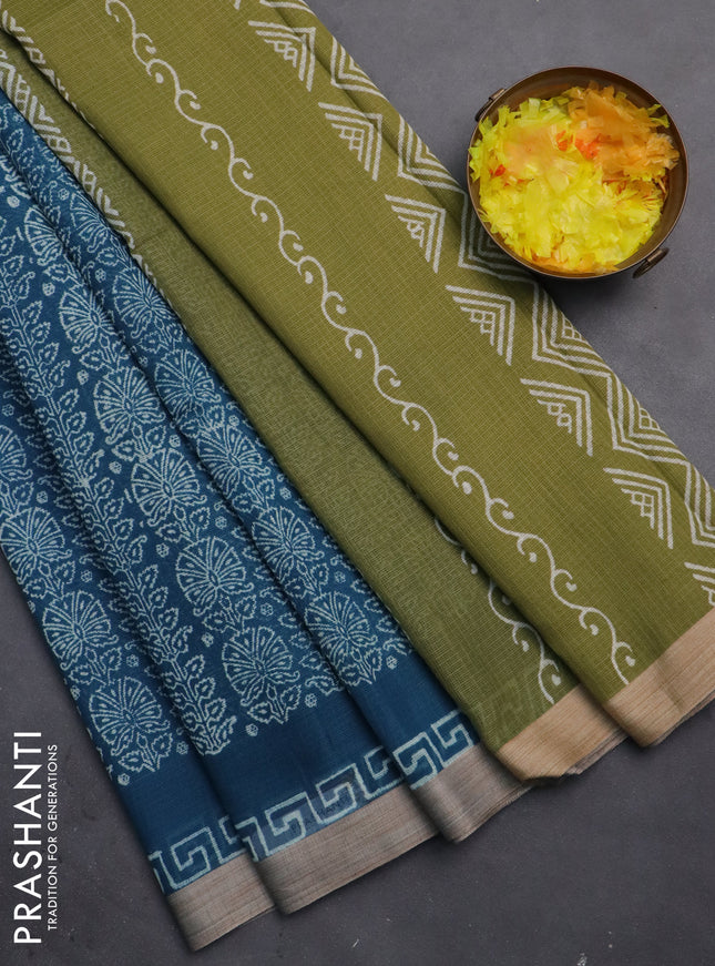 Kota silk cotton saree peacock blue and sap green with allover block prints and simple border