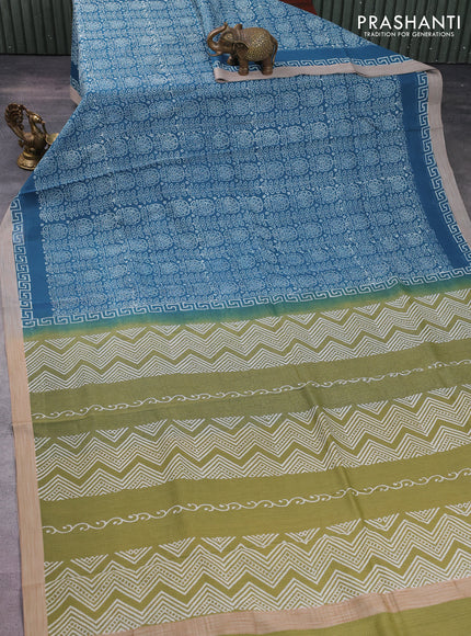 Kota silk cotton saree peacock blue and sap green with allover block prints and simple border