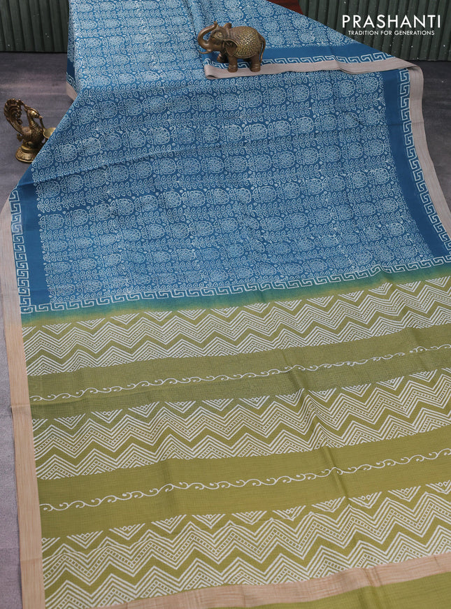 Kota silk cotton saree peacock blue and sap green with allover block prints and simple border