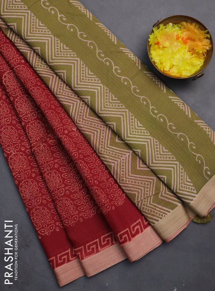 Kota silk cotton saree maroon and sap green with allover block prints and simple border