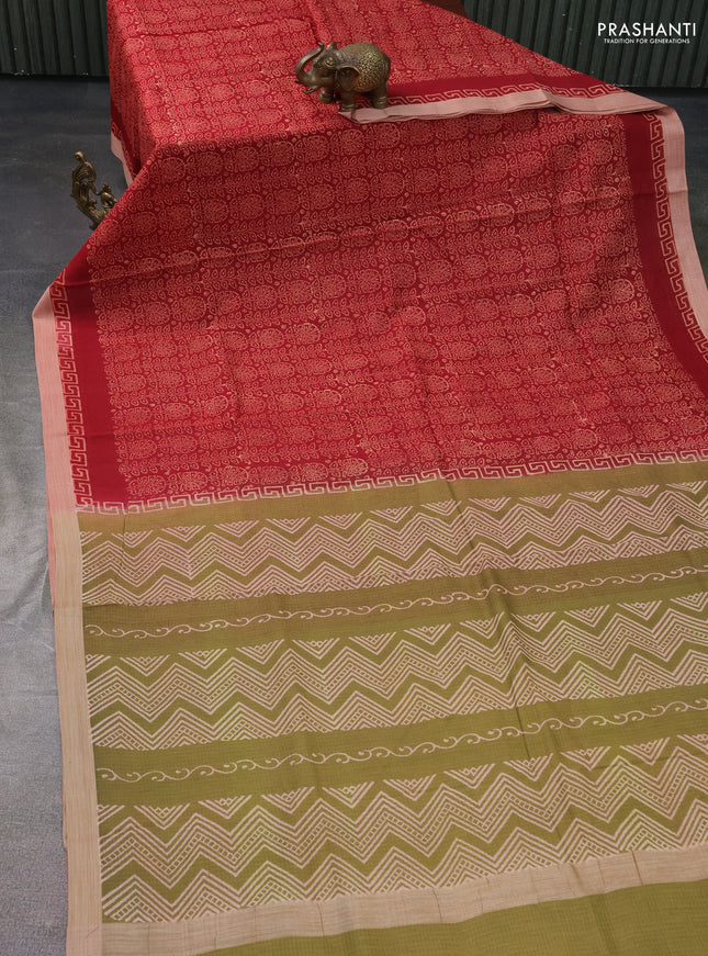 Kota silk cotton saree maroon and sap green with allover block prints and simple border
