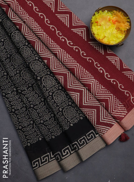 Kota silk cotton saree black and maroon with allover block prints and simple border