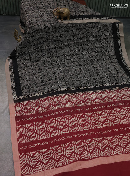 Kota silk cotton saree black and maroon with allover block prints and simple border