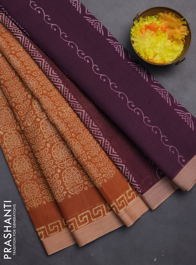 Kota silk cotton saree dark mustard and purple with allover block prints and simple border