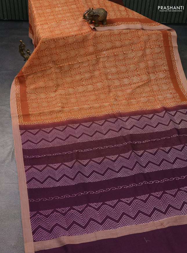 Kota silk cotton saree dark mustard and purple with allover block prints and simple border