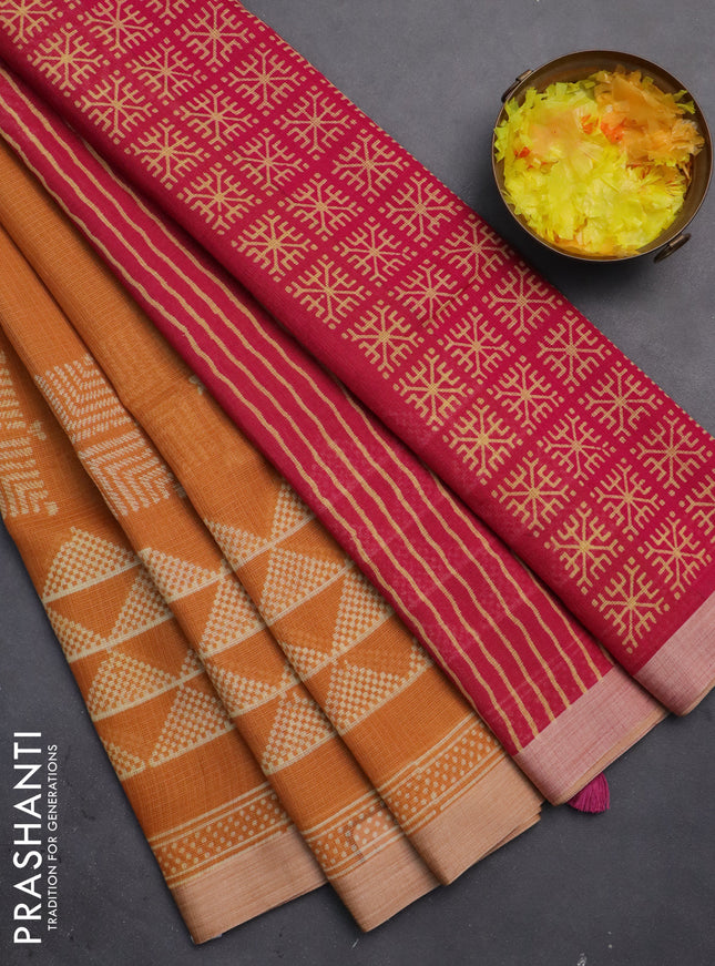 Kota silk cotton saree orange shade and pink with butta block prints and long block printed border