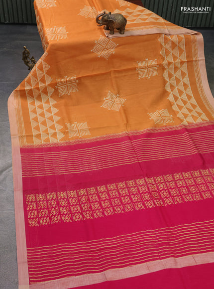 Kota silk cotton saree orange shade and pink with butta block prints and long block printed border