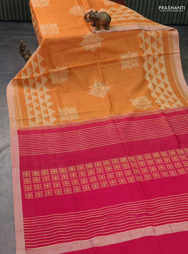 Kota silk cotton saree orange shade and pink with butta block prints and long block printed border