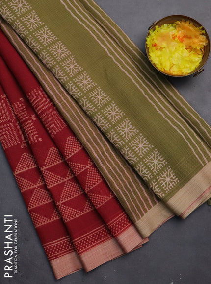 Kota silk cotton saree maroon and olive green with butta block prints and long block printed border