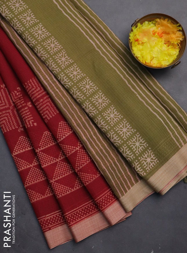 Kota silk cotton saree maroon and olive green with butta block prints and long block printed border