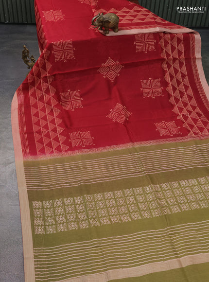Kota silk cotton saree maroon and olive green with butta block prints and long block printed border