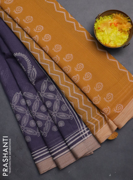 Kota silk cotton saree grey shade and mustard yellow with butta block prints and long block printed border