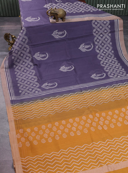 Kota silk cotton saree grey shade and mustard yellow with butta block prints and long block printed border