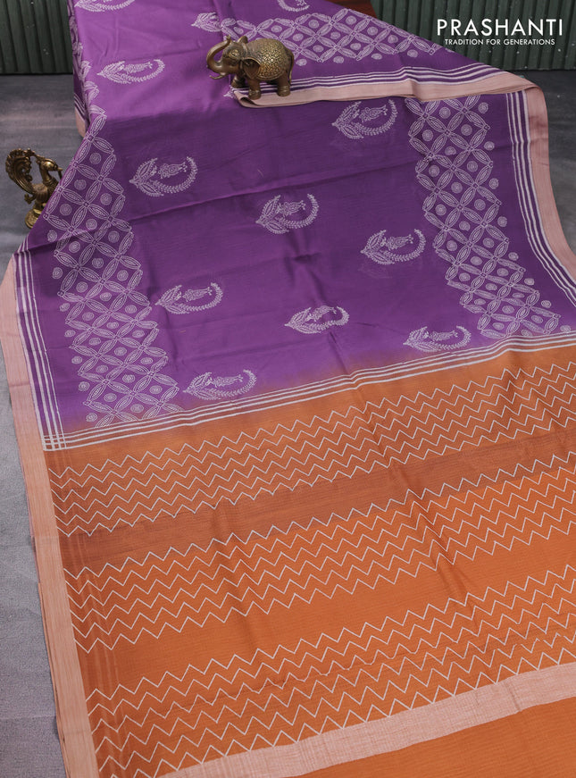 Kota silk cotton saree purple and rust shade with butta block prints and long block printed border