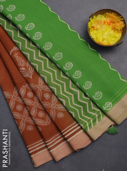Kota silk cotton saree rust shade and green with butta block prints and long block printed border