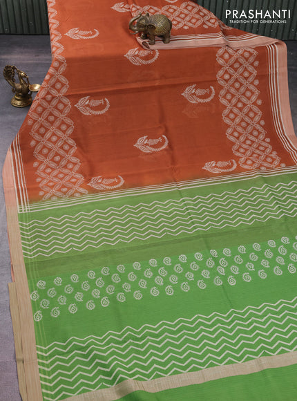 Kota silk cotton saree rust shade and green with butta block prints and long block printed border