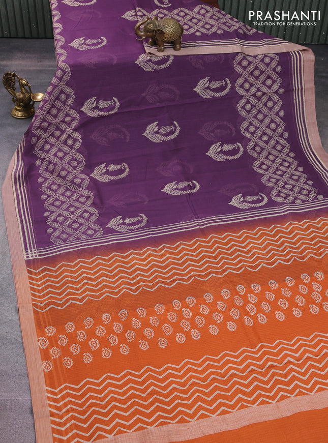 Kota silk cotton saree wine shade and rust shade with butta block prints and long block printed border